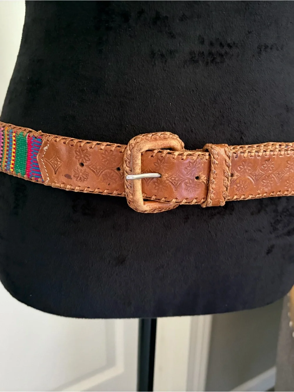 Handcrafted Brown Leather Belt with Multicolor Woven Accent